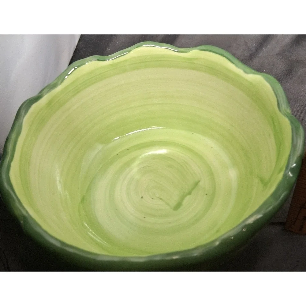 Set of 2 Ceramic Cabbage Leaf Bowls Green Scalloped Rim Hand Painted Bowls